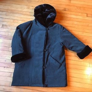 suede winter coat with faux fur trim